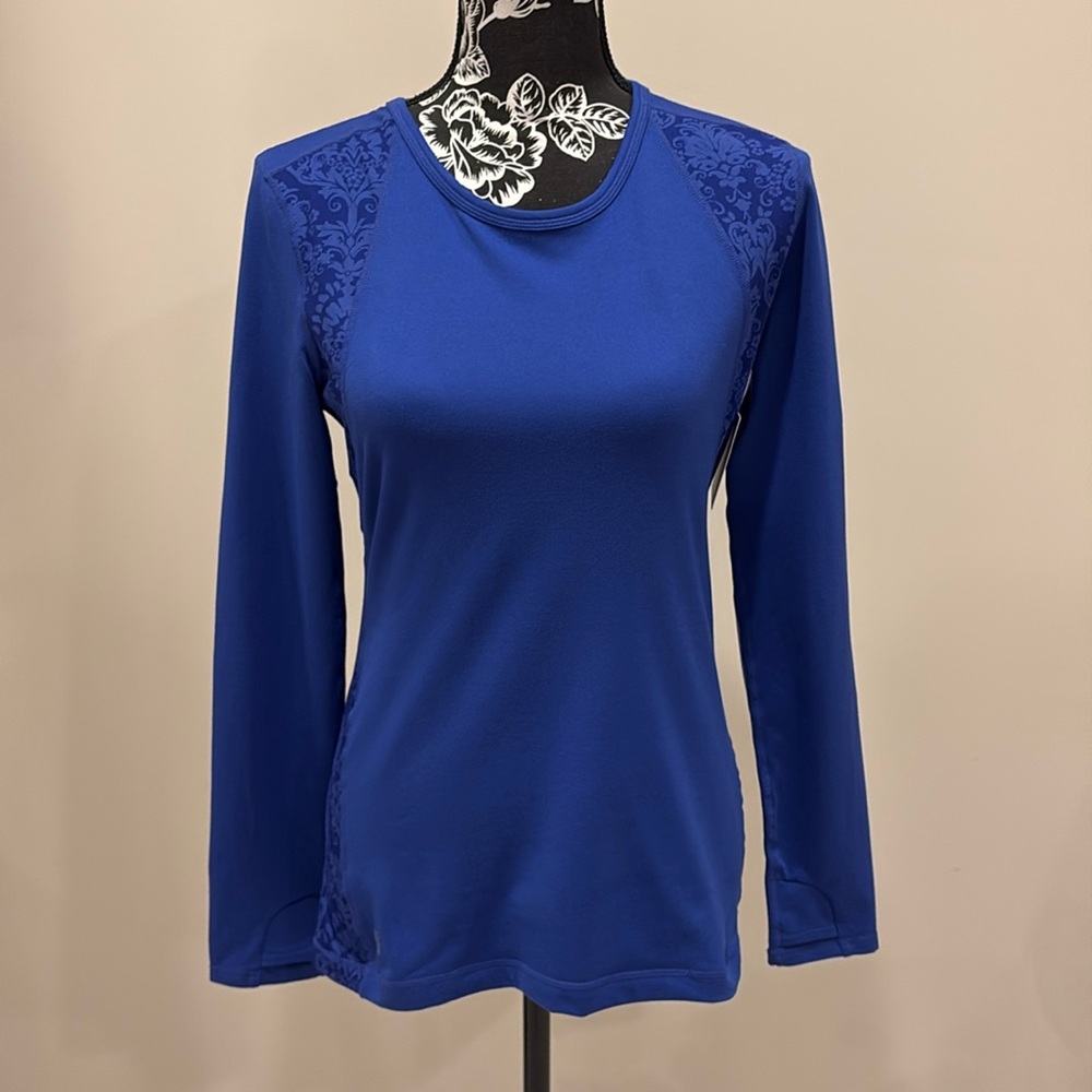 NWT Athleta purple Queens Lucious Damask Long Sleeve Crew Thumbholes, Size S